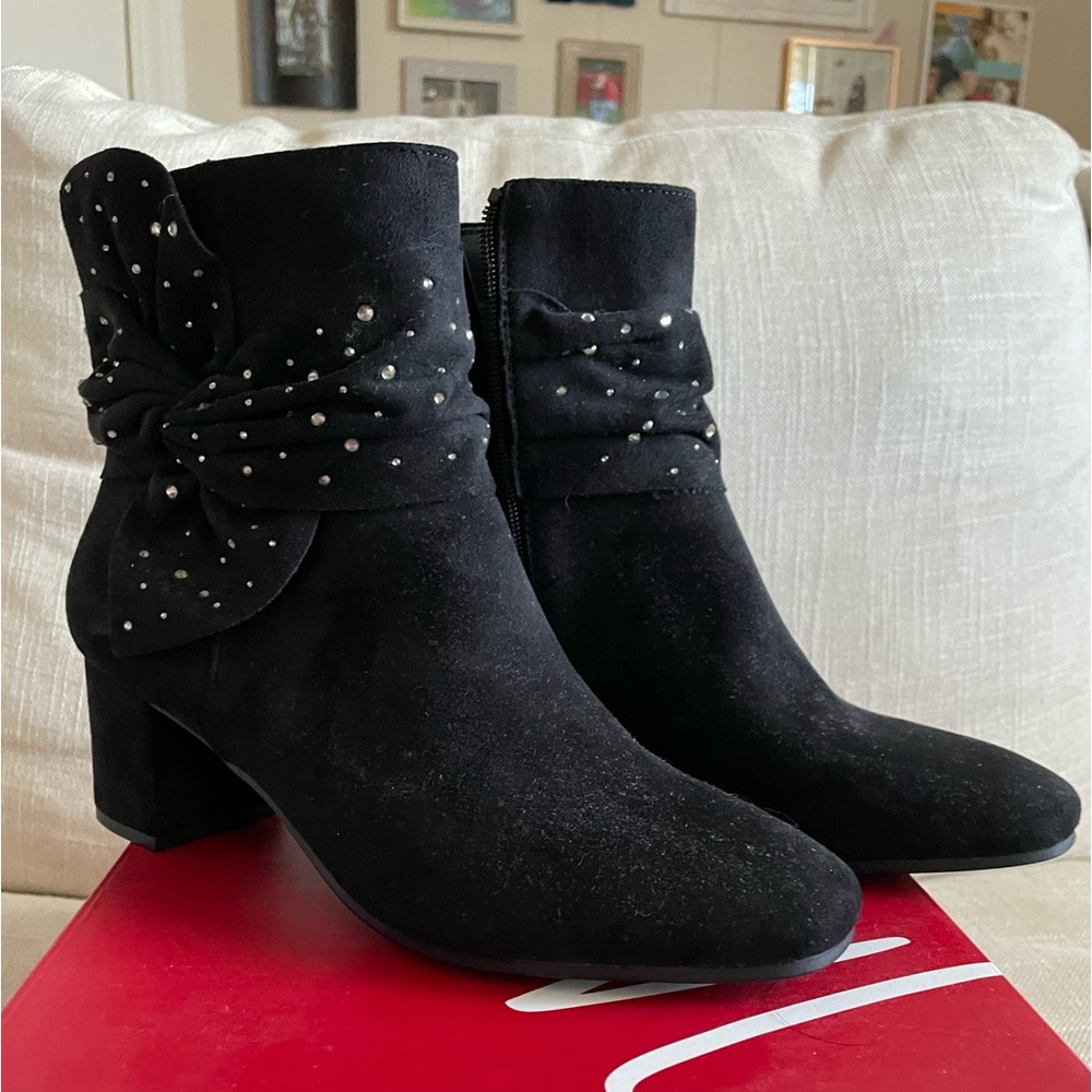 Black suede/rhinestone booties, Impo, size 9, memory foam